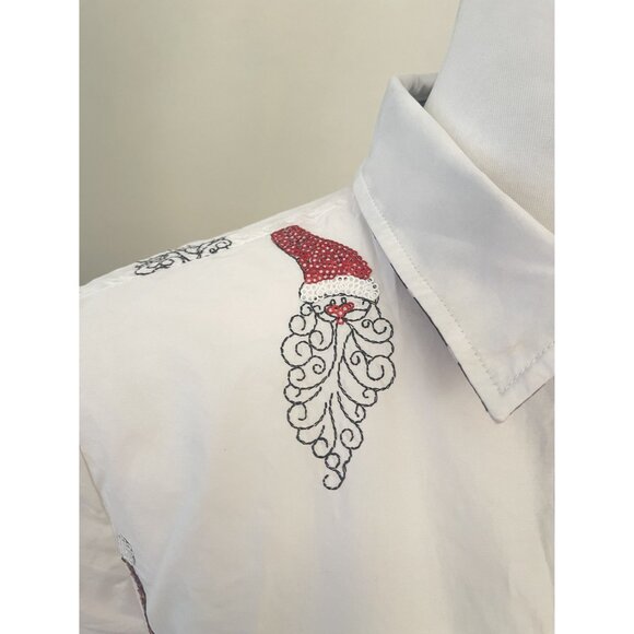 Jack B Quick Button-Down Shirt Red Sequin Santa Striped Collar Accent Women SM - Picture 11 of 14
